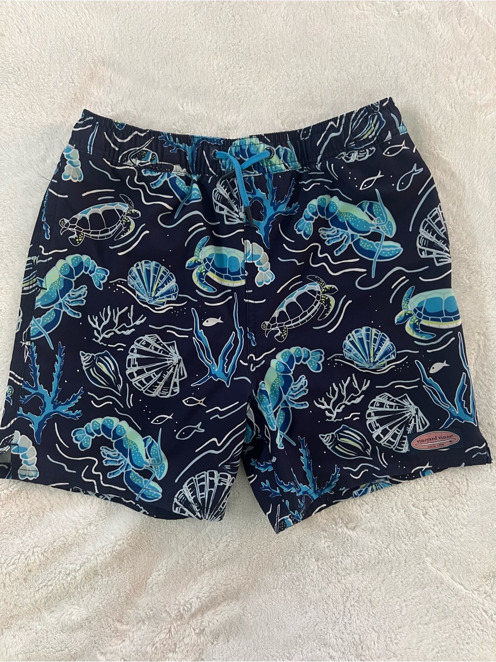 Vineyard Vines Navy Swim Shorts with Light Blue Sea Life Print Boys L VGUC
